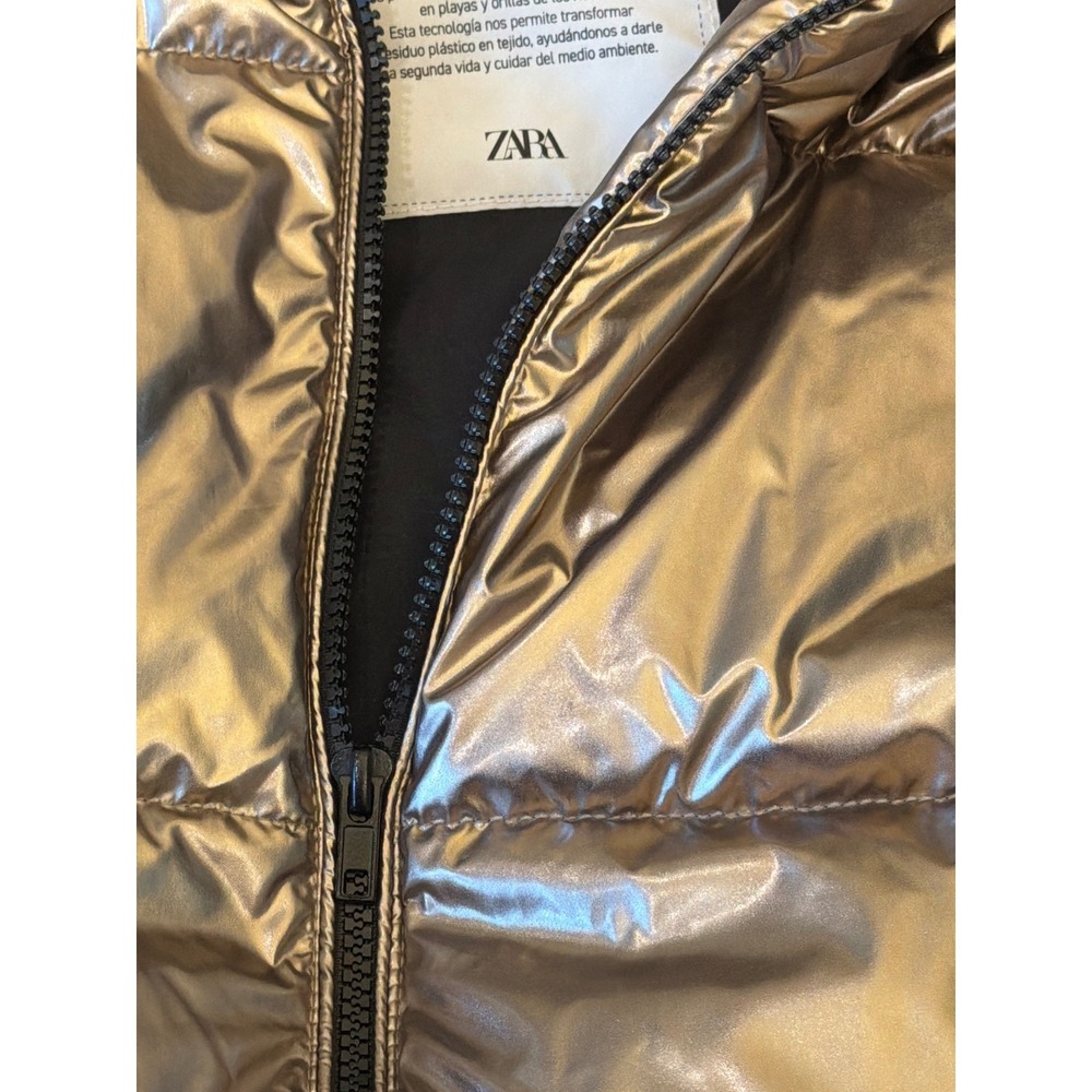Zara Metallic Puffer Jacket Bronze Gold Quilted Hooded Zip Coat Womens Medium